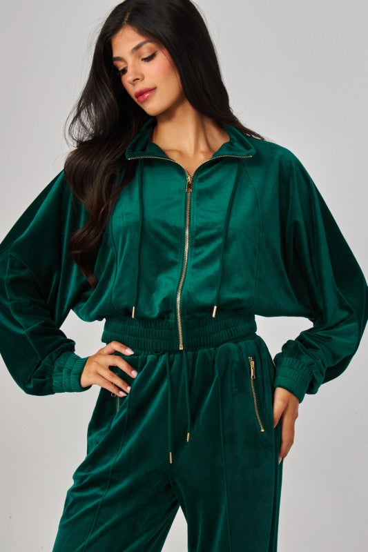 VONSHAE VELOUR FUNNEL NECK | PANT SET HUNTER GREEN