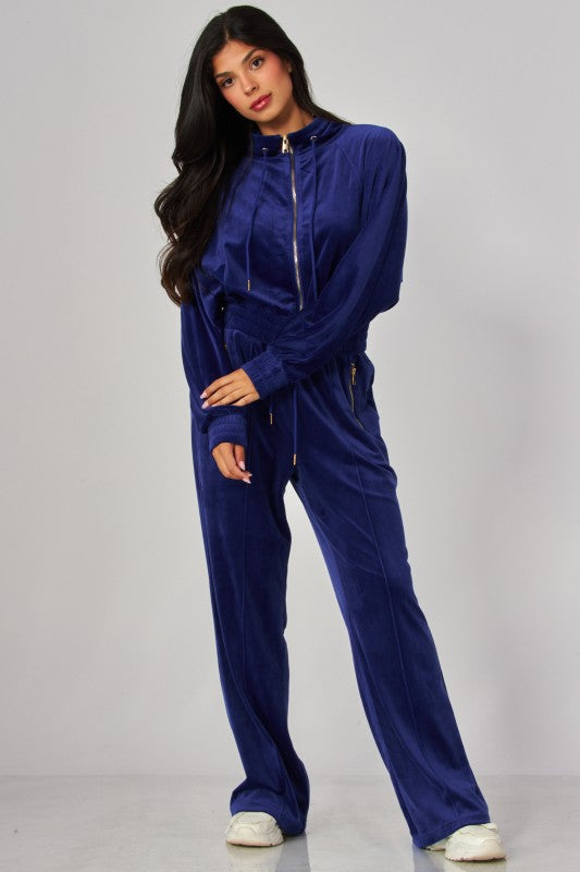 VONSHAE VELOUR FUNNEL NECK | PANT SET BLUE INK