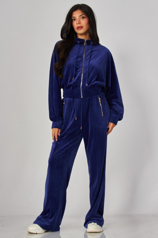 VONSHAE VELOUR FUNNEL NECK | PANT SET BLUE INK