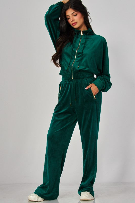 VONSHAE VELOUR FUNNEL NECK | PANT SET HUNTER GREEN