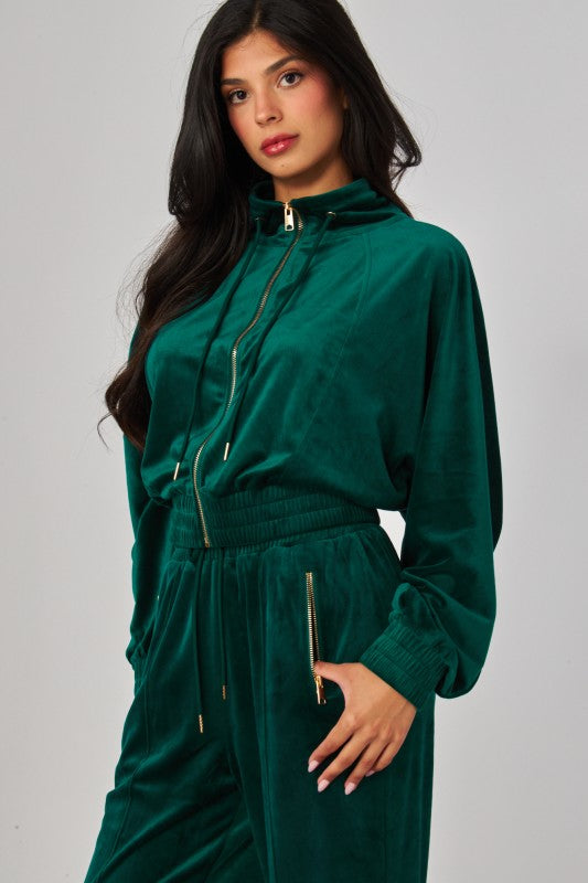 VONSHAE VELOUR FUNNEL NECK | PANT SET HUNTER GREEN