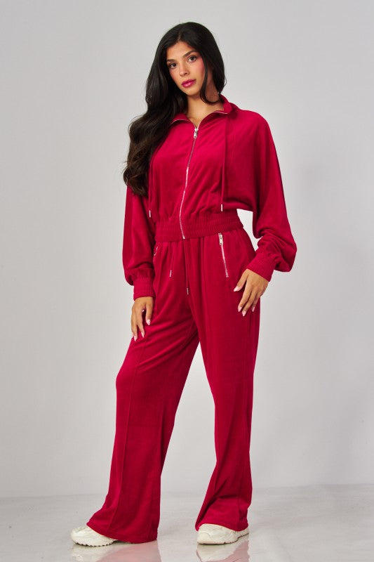 VONSHAE VELOUR FUNNEL NECK | PANT SET WINTERBERRY
