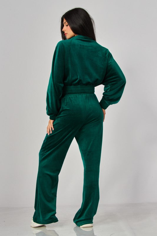 VONSHAE VELOUR FUNNEL NECK | PANT SET HUNTER GREEN