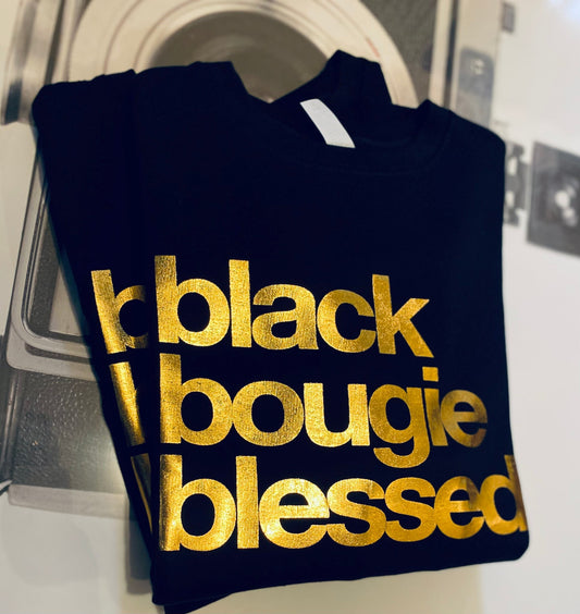 Black Bougie Blessed Bold Gold  Metallic Letters T-Shirt