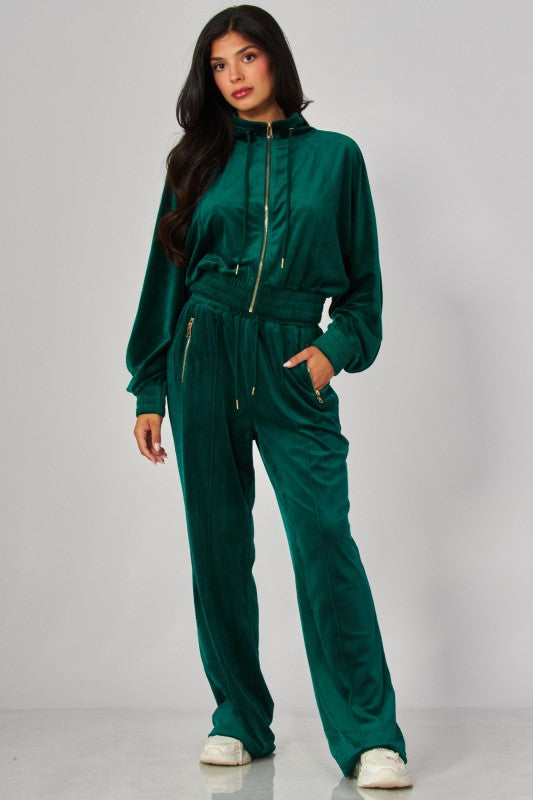 VONSHAE VELOUR FUNNEL NECK    | PANT SET HUNTER GREEN
