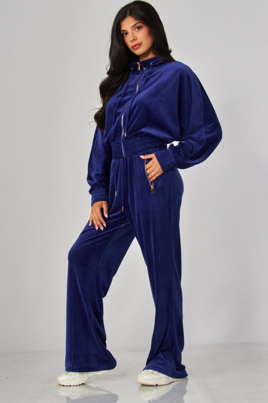 VONSHAE VELOUR FUNNEL NECK    | PANT SET BLUE INK