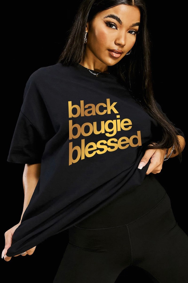 Black Bougie Blessed Bold Gold  Metallic Letters T-Shirt